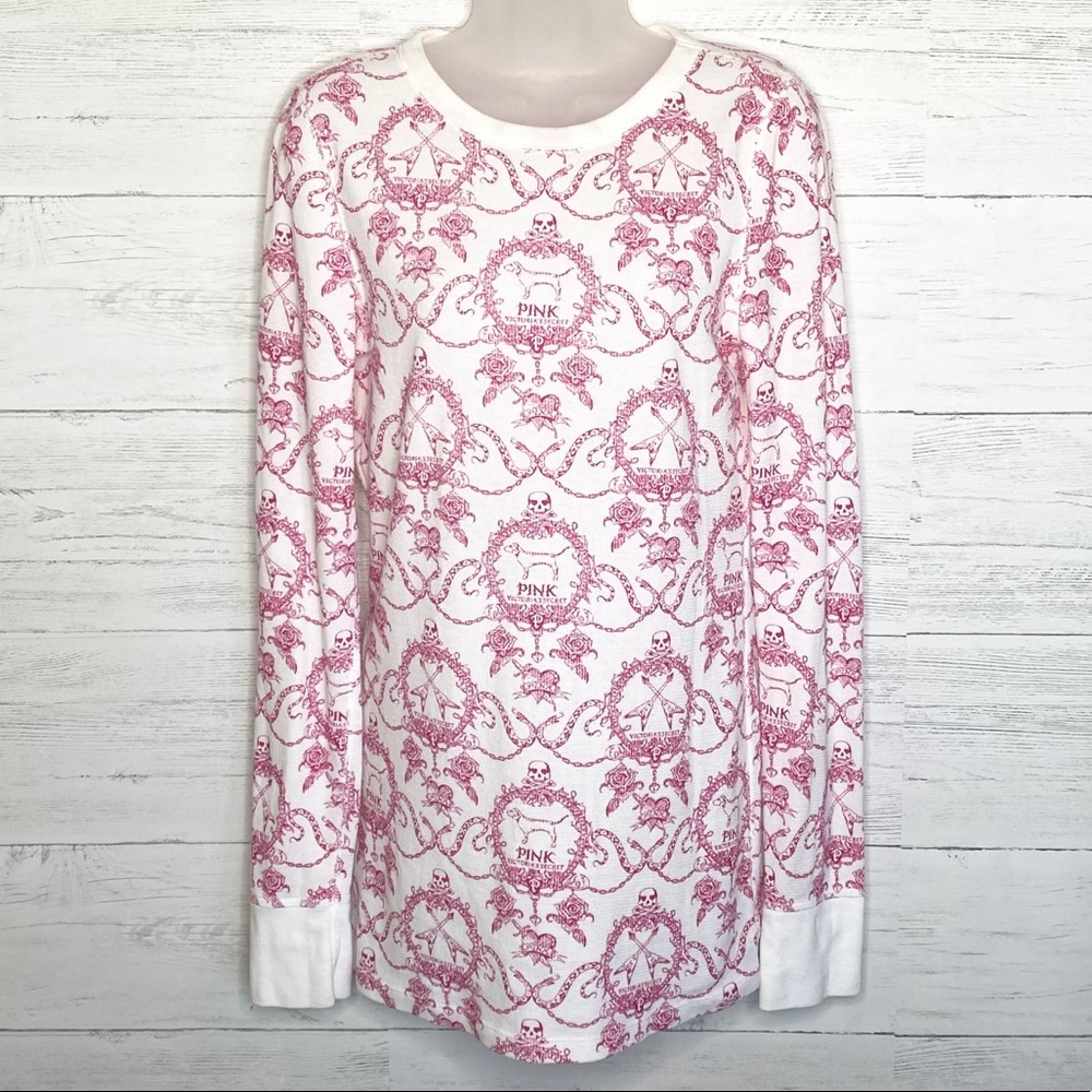 VS Pink waffle shirt w/skull, guitar, & dog print